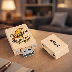 Lets Go Bananas Retro Baseball Banana Funny Wood Flash Drive