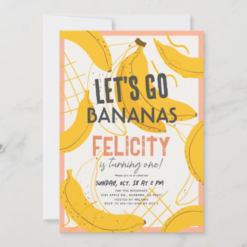 Lets Go Bananas Yellow  Pink 1st Birthday Invitation