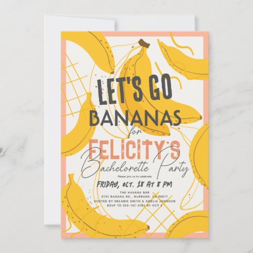 Lets Go Bananas Yellow  Pink Bachelorette Party Invitation