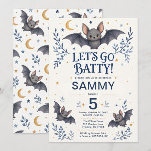 Let's Go Batty Blue Halloween Birthday Invitation