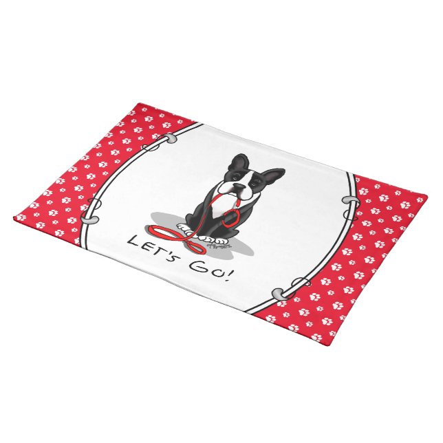 Let's Go! Boston Terrier Dog (black) Funny Cloth Placemat (On Table)
