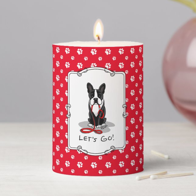 Let's Go! Boston Terrier Dog (black) Funny Pillar Candle (In Situ)
