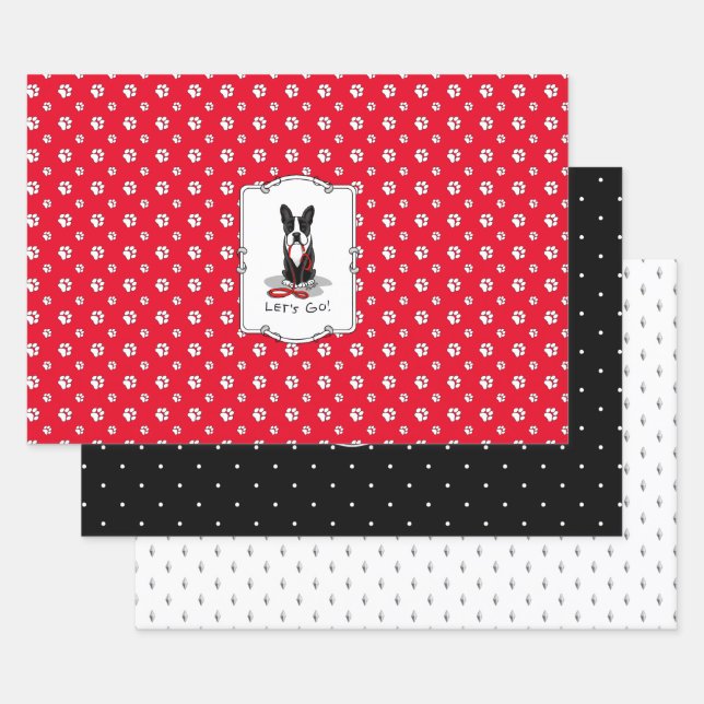 Let's Go! Boston Terrier Dog (black) Funny Wrapping Paper Sheets (Set)