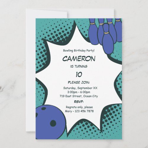 Lets Go Bowling 10th Birthday Party Invitation