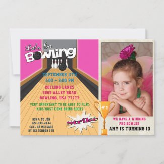 Let's Go Bowling Pink Girls Birthday Photo Invite