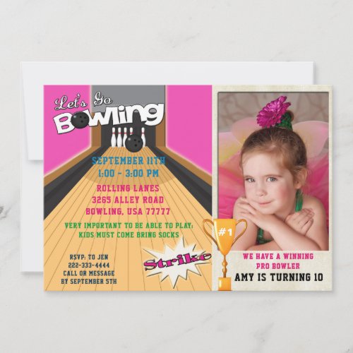 Lets Go Bowling Pink Girls Birthday Photo Invite