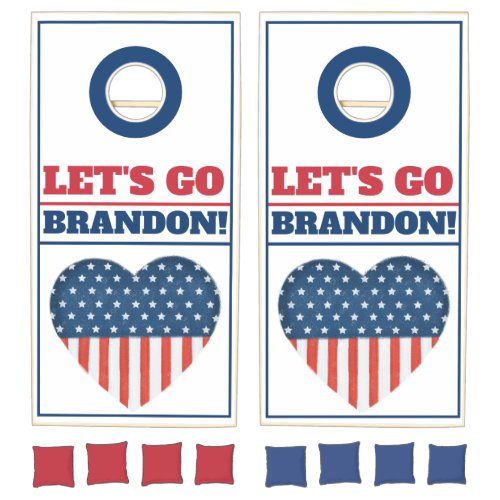 Lets Go Brandon American Flag Heart Blue Red  Cornhole Set