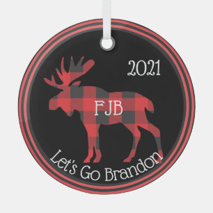 Let's Go Brandon FJB Buffalo Plaid Moose Glass Ornament