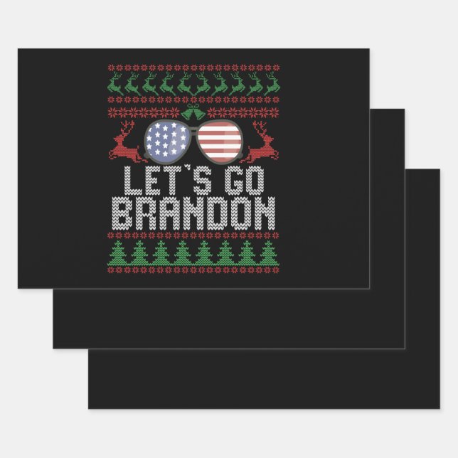 Let's go Brandon Ugly Christmas Sweater Patriotic Wrapping Paper Sheets (Set)