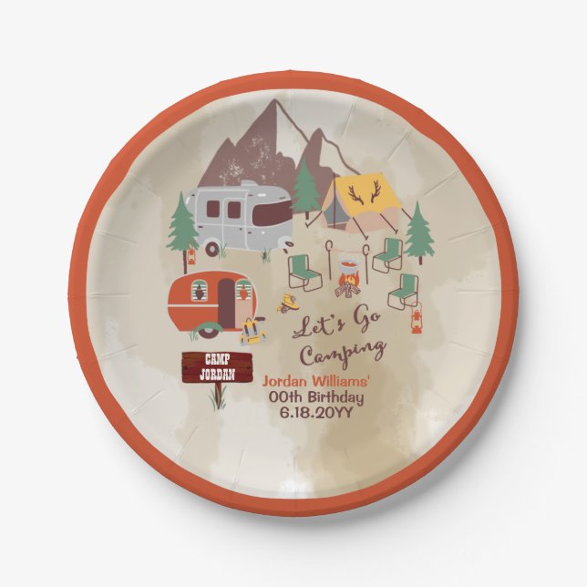Let's Go Camping Rustic Woodsy Campground Birthday Paper Plates (Front)