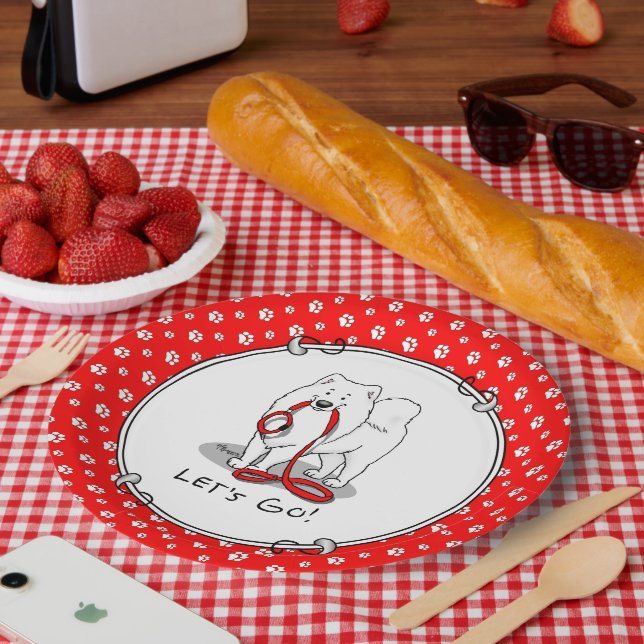 Let's Go! (for a walk) Samoyed w red leash Funny Paper Plates (Picnic)