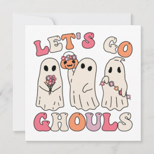 Let's Go Ghouls Groovy Ghost With Vintage Flowers Invitation