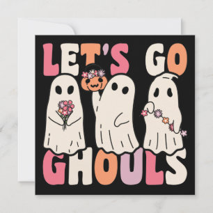 Let's Go Ghouls Groovy Ghost With Vintage Flowers  Invitation
