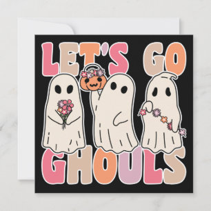 Let's Go Ghouls Groovy Ghost With Vintage Flowers  Invitation