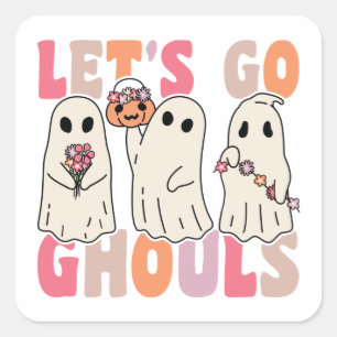 Let's Go Ghouls Groovy Ghost With Vintage Flowers Square Sticker