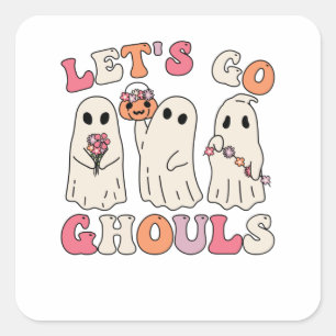 Let's Go Ghouls Groovy Ghost With Vintage Flowers Square Sticker
