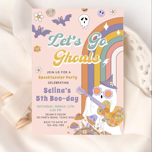 Lets Go Ghouls Groovy Halloween Ghost Birthday Invitation