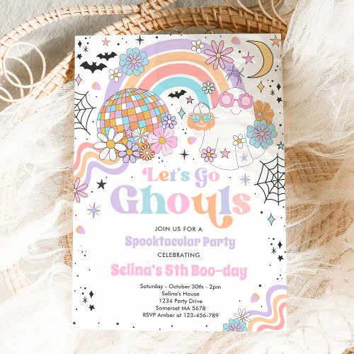 Lets Go Ghouls Halloween Cute Pink Ghost Birthday Invitation