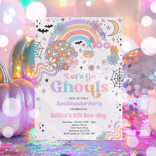 Lets Go Ghouls Halloween Cute Pink Ghost Birthday Invitation