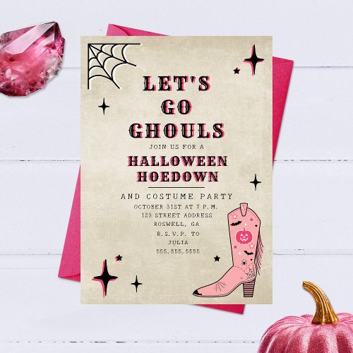 Lets Go Ghouls Halloween Party Pink Boot Invitation