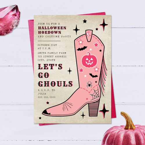 Lets Go Ghouls Halloween Party Pink Cowgirl Boot Invitation