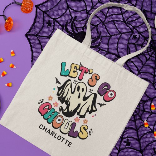Lets Go Ghouls Halloween Retro Ghost Name Tote Bag