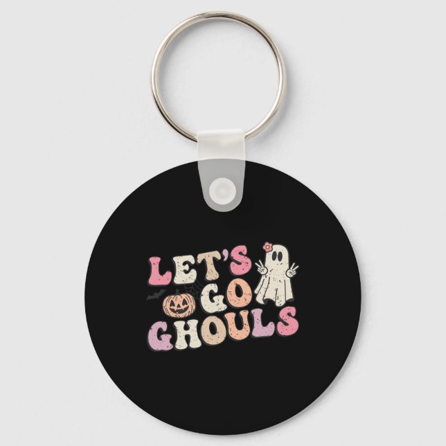Let's Go Ghouls Halloween Retro Ghost Pumpkin Wome Keychain (Front)