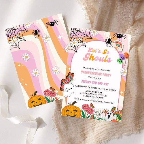 Lets Go Ghouls Halloween Retro Groovy Birthday  Invitation