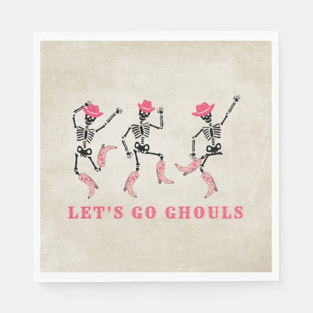 Let's Go Ghouls Halloween Skeletons Pink Cowgirl Napkins (Front)
