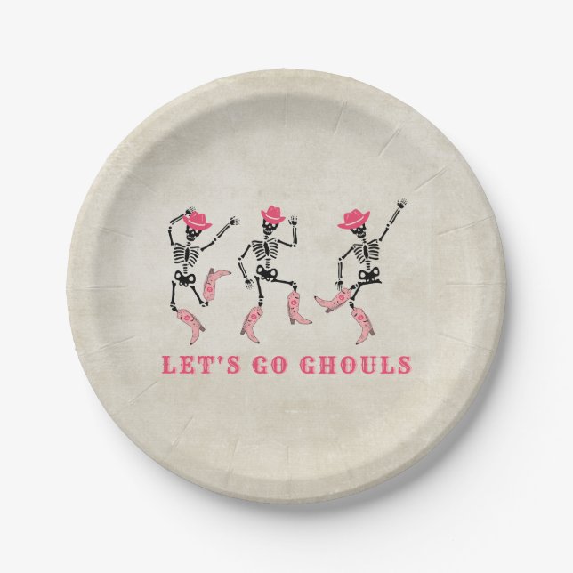 Let's Go Ghouls Halloween Skeletons Pink Cowgirl Paper Plates (Front)