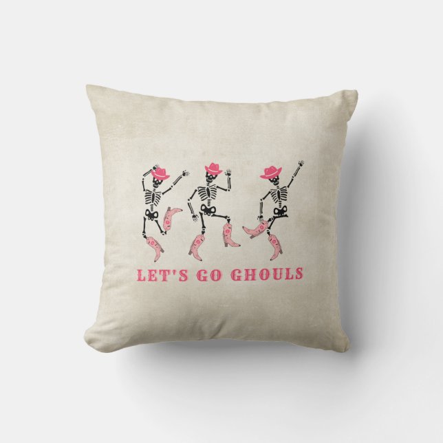 Let's Go Ghouls Halloween Skeletons Pink Cowgirl Throw Pillow (Front)
