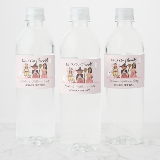 Let's Go Ghouls Pink Halloween Costume Party Water Bottle Label (Bottles)