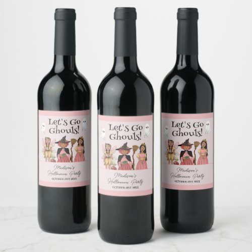 Lets Go Ghouls Pink Halloween Costume Party Wine Label