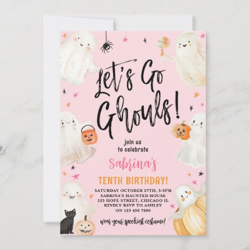 Lets Go Ghouls Pink Halloween Girl Birthday Party Invitation