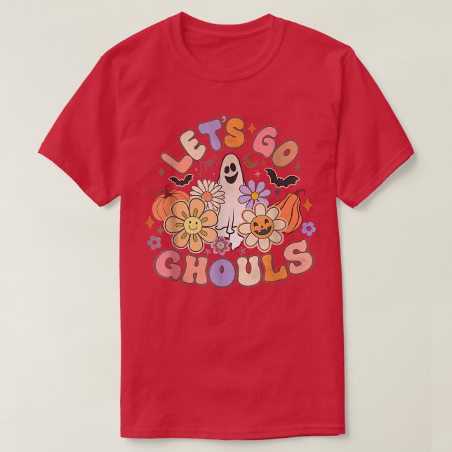 Let's Go Ghouls Retro Groovy Halloween Ghost Pumpk T-Shirt (Design Front)