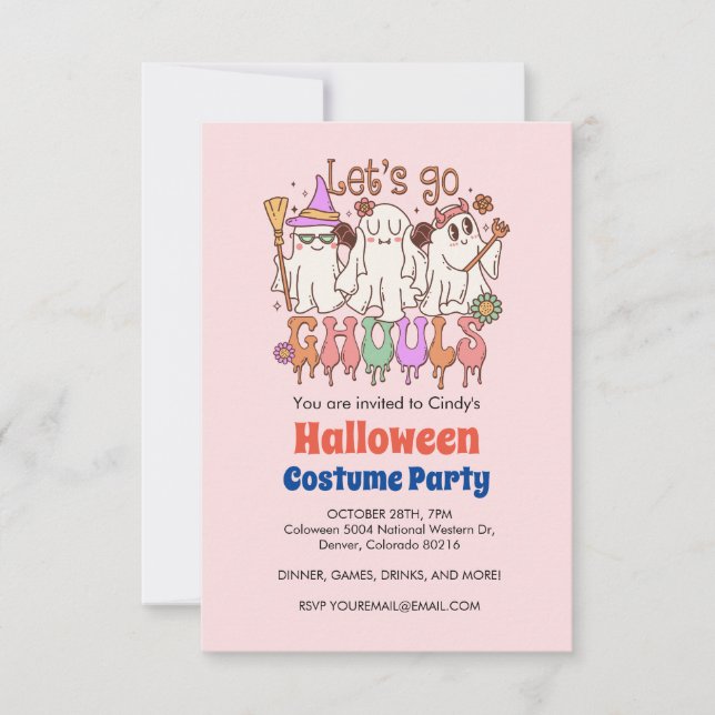 Let's Go Ghouls, Retro Pink Halloween Invitation (Front)