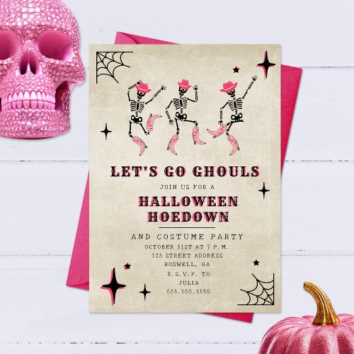 Lets Go Ghouls Skeleton Pink Halloween Party Invitation