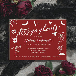 Let's Go Ghouls Spooky Whimsical Red Bachelorette Invitation
