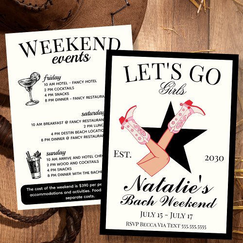 Lets Go Girls Cowgirl Bachelorette Itinerary and  Invitation