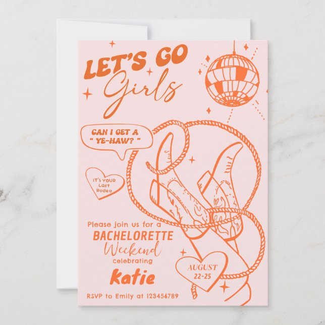 Let's Go Girls Cowgirl Disco Bachelorette Weekend Invitation (Front)