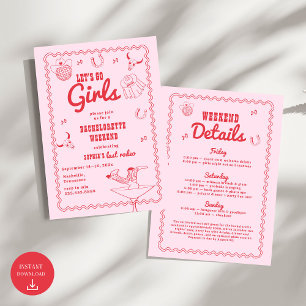 Let's Go Girls Cowgirl Pink and Red Bachelorette Invitation