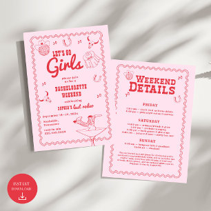 Let's Go Girls Cowgirl Pink and Red Bachelorette  Invitation