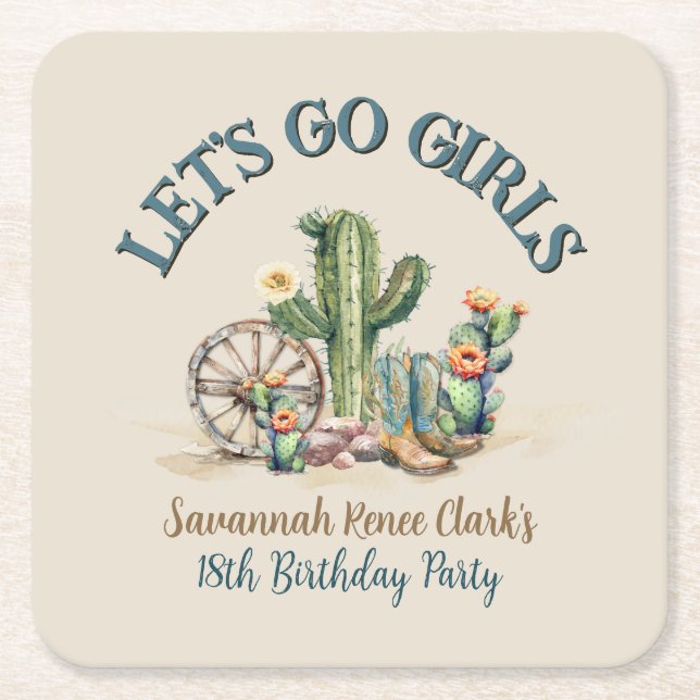 Lets Go Girls Cowgirl Western Theme Birthday Party Square Paper Coaster (Front)