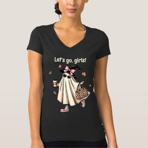 Lets Go Girls Halloween Girl Ghost with Coffee  T_Shirt