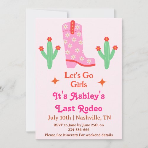 Lets Go Girls Pink Cowgirl Bachelorette Party  Invitation