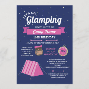 Let's Go Glamping Camp Navy Pink Invitation