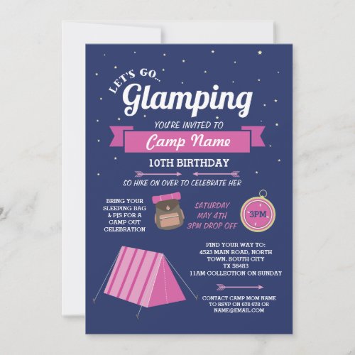 Lets Go Glamping Camp Navy Pink Invitation