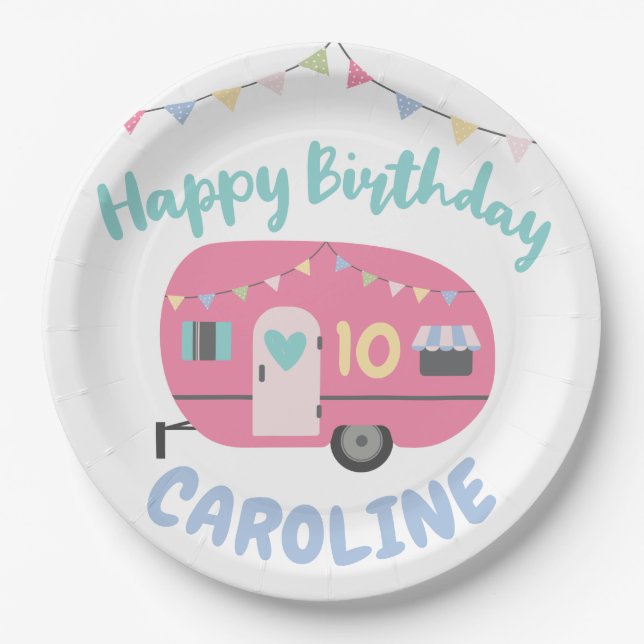 Let's Go Glamping Girly Happy Birthday Party Paper Plates (Front)
