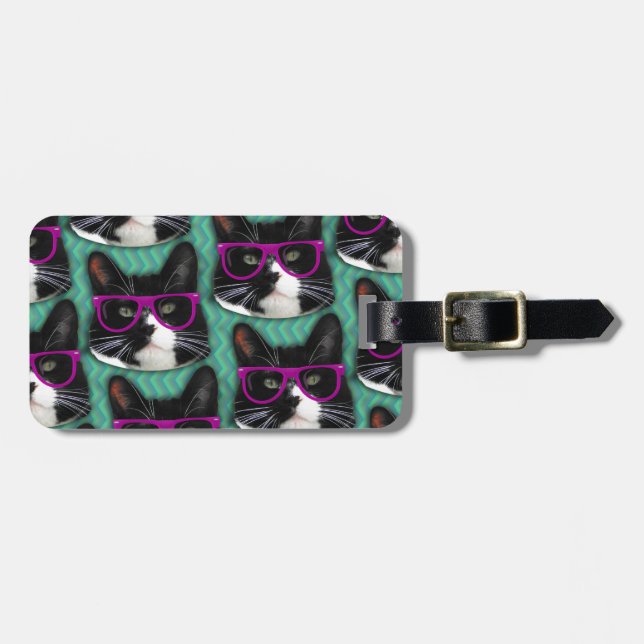 Lets go Glasses Tuxedo Cat Pattern Luggage Tag (Front Horizontal)