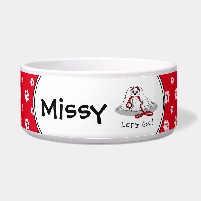 Let's Go! Maltese Dog with Red Leash - Cute Bowl (Front)